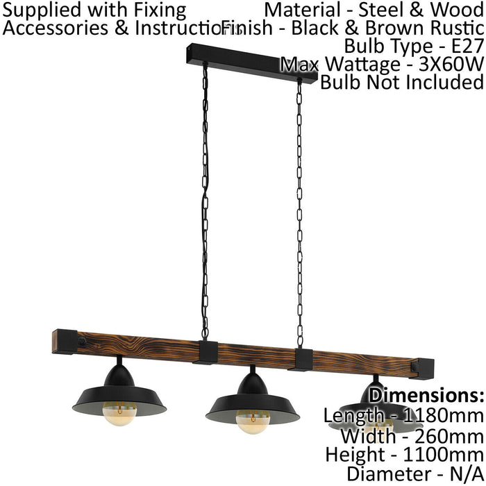 Hanging Ceiling Pendant Light Black & Rustic Wood 3 Bulb Kitchen Island Dining Loops