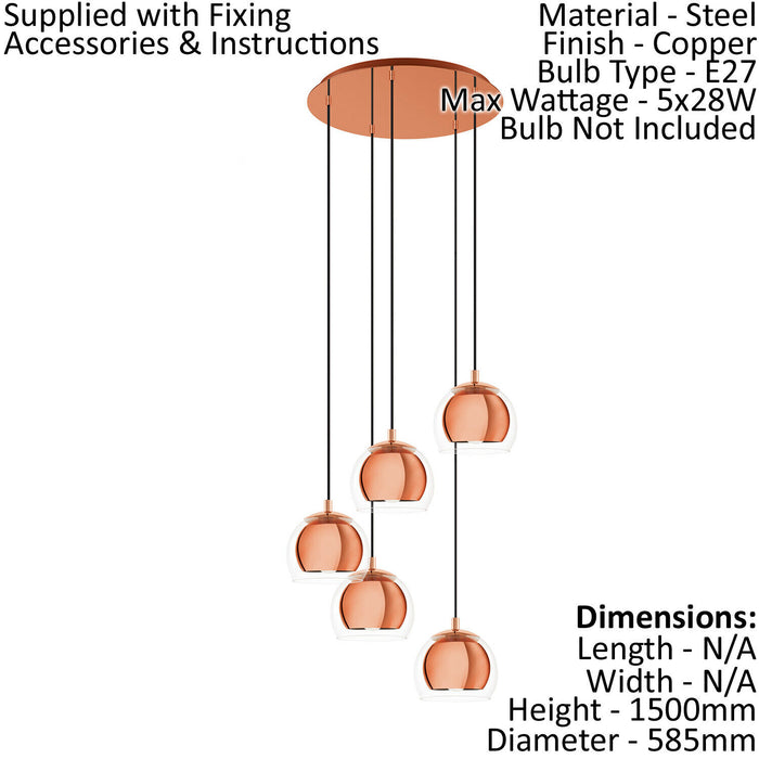Pendant Ceiling Light Colour Copper Shade Copper & Clear Glass Bulb E27 5x28W Loops