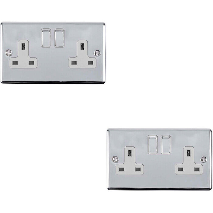 2 PACK 2 Gang Double UK Plug Socket POLISHED CHROME 13A Switched White Trim Loops