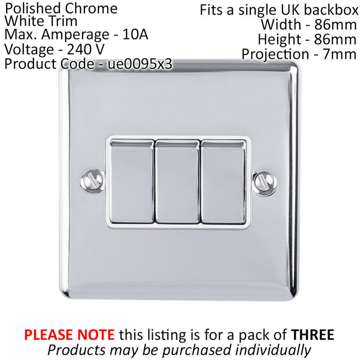 3 PACK 3 Gang Triple Metal Light Switch POLISHED CHROME 2 Way 10A White Trim Loops