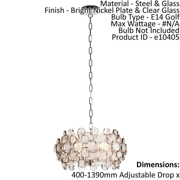 Ceiling Pendant Light Bright Nickel Plate & Clear Glass 4 x 40W E14 Loops