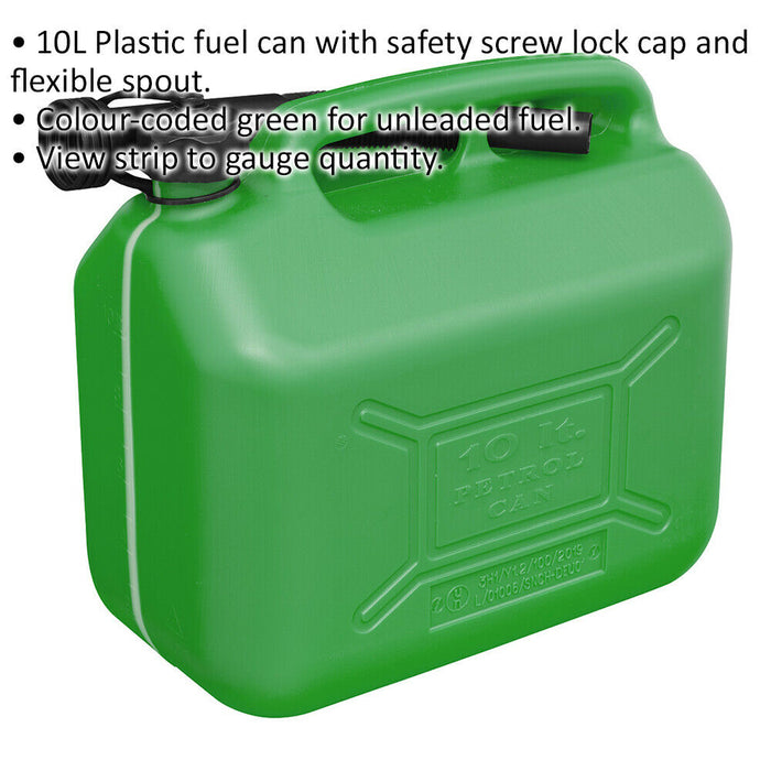 10 Litre Plastic Fuel Can -  Safety Screw Lock Cap - Flexible Spout - Green Loops