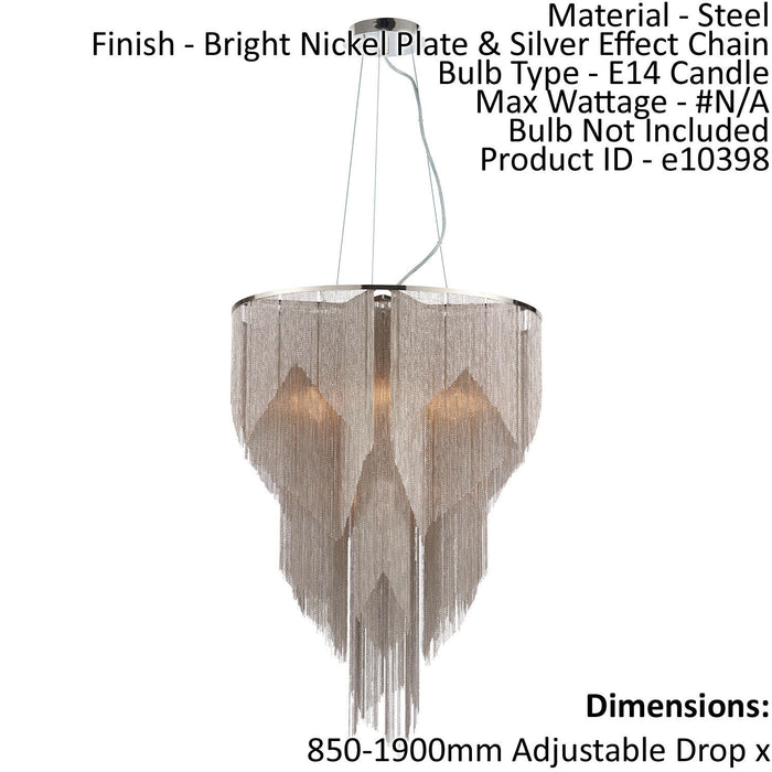 Ceiling Pendant Light Bright Nickel Plate & Silver Effect Chain 6 x 40W E14 Loops