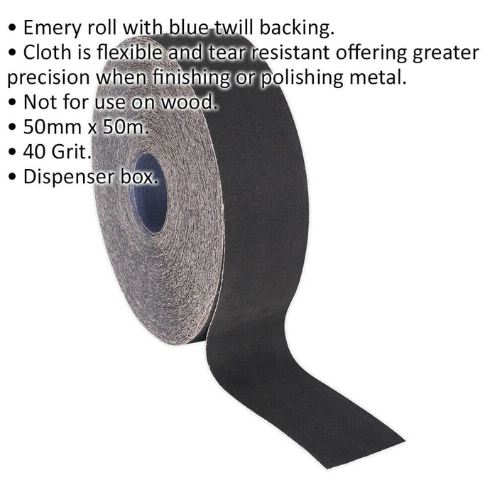 Blue Twill Emery Roll - 50mm x 50m - Flexible & Tear Resistant - 40 Grit Loops