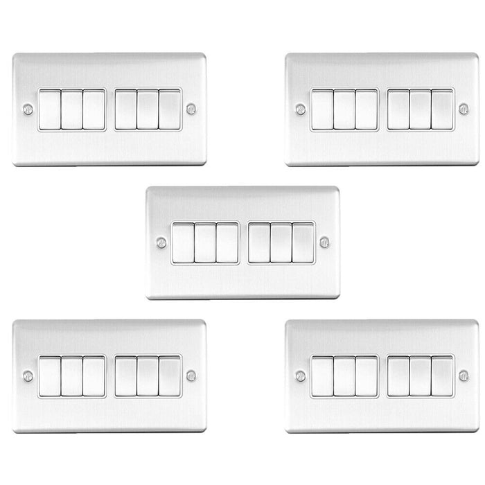 5 PACK 6 Gang Metal Multi Light Switch SATIN STEEL 2 Way 10A White Trim Loops