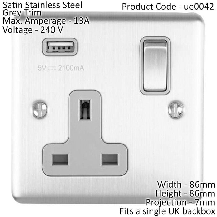 1 Gang Single UK Plug Socket & 2.1A USB Charger SATIN STEEL & Grey 13A Switched Loops