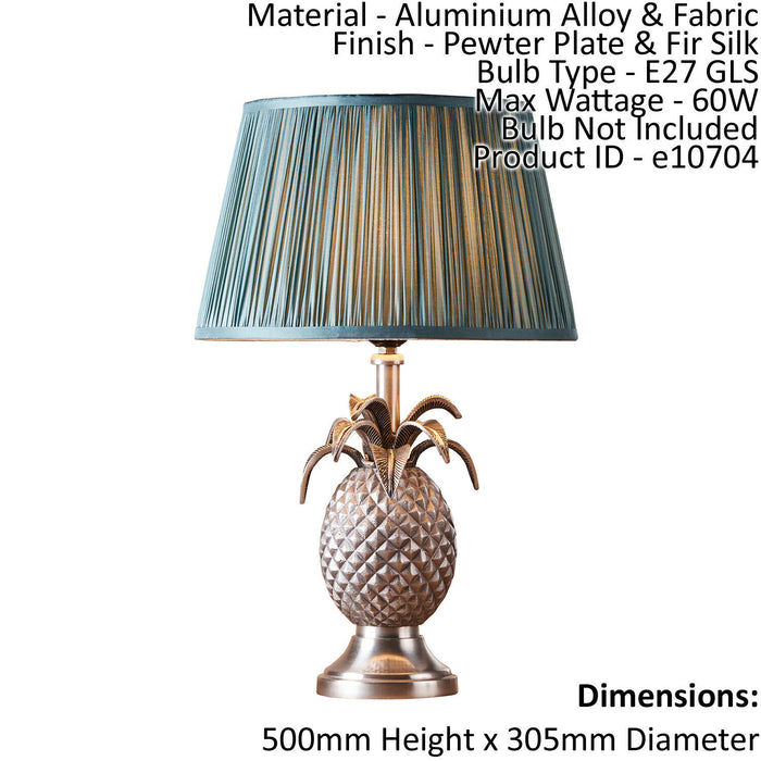 Table Lamp Pewter Plate & Fir Silk 60W E27 Bedside Light Base & Shade Loops