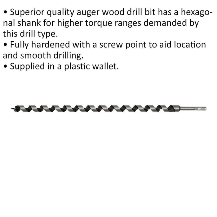 20 x 600mm Hardened Auger Wood Drill Bit - Hexagonal Shank - Woodwork Timber Loops