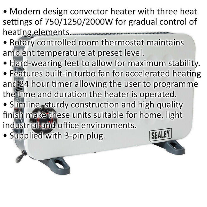2000W Convector Heater - Thermostat Control Turbo Fan & Timer - 2 Heat Settings Loops