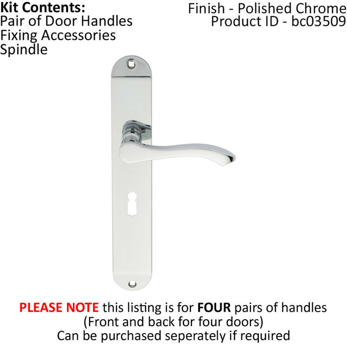 4x PAIR Scroll Lever Door Handle on Lock Backplate 242 x 40mm Polished Chrome Loops