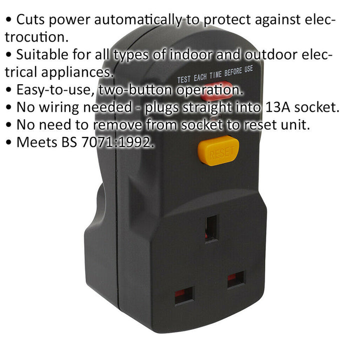 Single 230V Socket RCD Safety Adaptor - 2990W Max Load - Cut Out Protection Loops