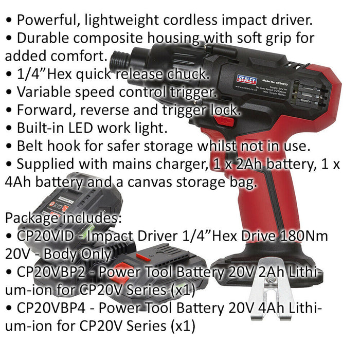 20V Cordless Impact Driver & 2x Li-Ion Batteries - 1/4" Hex Drive Powerful Light Loops