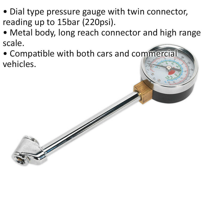 220psi Premium Tyre Pressure Gauge - Twin Connector Long Reach Arm & Metal Body Loops