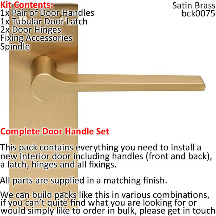 Door Handle & Latch Pack Satin Brass Rounded Flat Bar Lever Slim Backplate Loops