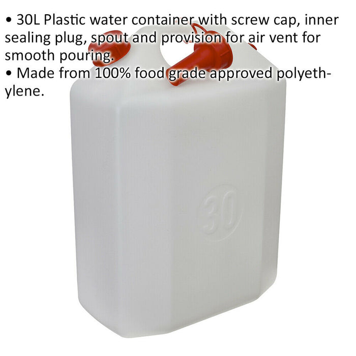 30L Plastic Water Container - Screw Cap - Inner Sealing Plug - Pouring Spout Loops
