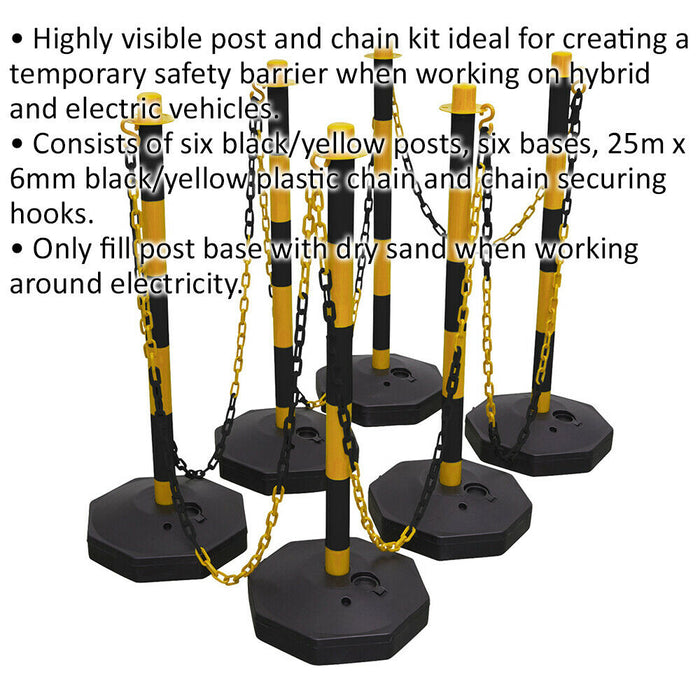 25m Post & Chain Kit - High Vis Black & Yellow - 6 x Posts - Safety Barrier Loops
