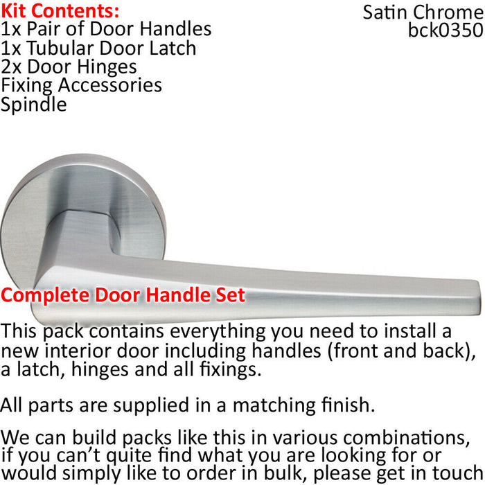 Door Handle & Latch Pack Satin Chrome Straight Wedge Bar Screwless Round Rose Loops