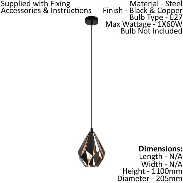Hanging Ceiling Pendant Light Black / Copper Geometric 1x 60W E27 Feature Lamp Loops