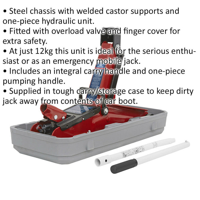 Short Chassis Trolley Jack - 2000kg Limit - 380mm Max Height - Case - Red Loops