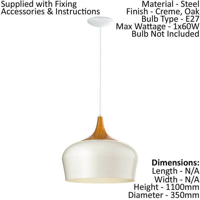 Pendant Ceiling Light Colour Cream & Oak Coloured Steel Bulb E27 1x60W Loops