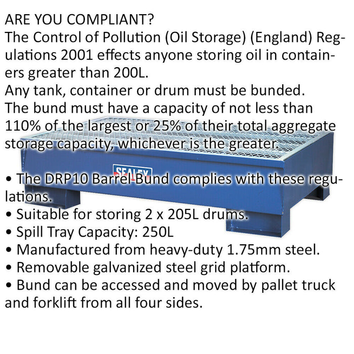 Steel Barrel Bund - 1340 x 800 x 335mm - Suitable for Storing 2 x 205L Drums Loops