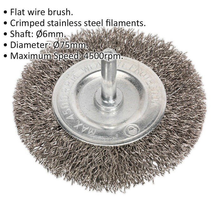 75mm Flat Wire Brush - Stainless Steel Filaments - 6mm Shaft - Up to 4500 rpm Loops