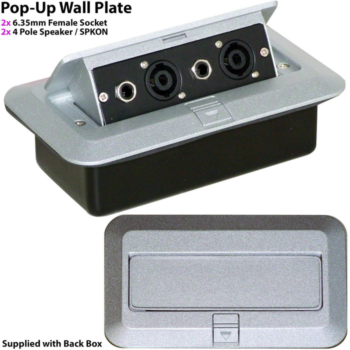 PRO Pop Up Wall Floor Plate & Back Box 4 Pole SPKON & 6.35mm Speaker Amp Outlet Loops