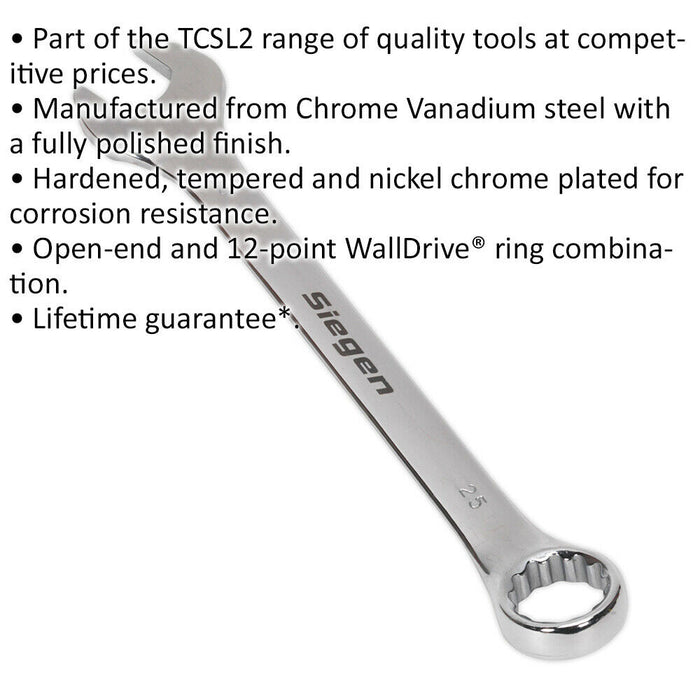 Hardened Steel Combination Spanner - 25mm - Polished Chrome Vanadium Wrench Loops