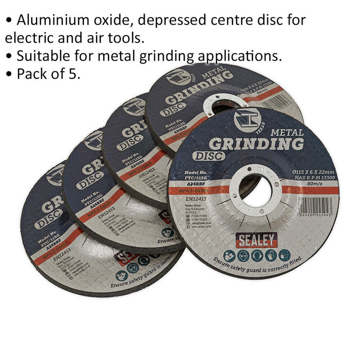 5 PACK Aluminium Oxide DPC Metal Grinding Disc - 115 x 6mm - 22mm Bore Loops