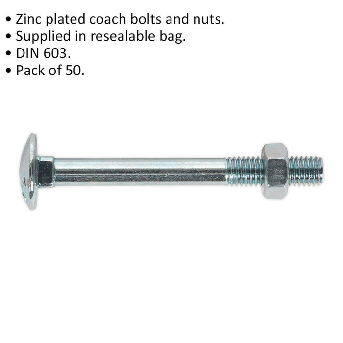 50 PACK Zinc Plated Coach Bolt and Nut - M8 x 75mm - 1.5mm Pitch - DIN 603 Loops