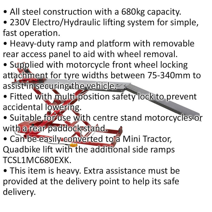 680kg Heavy Duty Motorcycle Lift - Electro Hydraulic System - 1000mm Max Height Loops