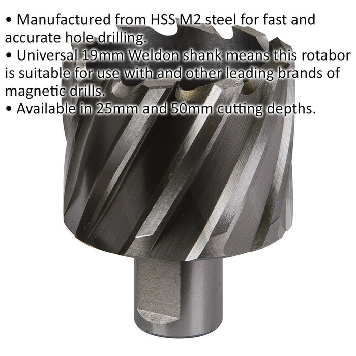 49mm x 25mm Depth Rotabor Cutter - M2 Steel Annular Metal Core Drill 19mm Shank Loops