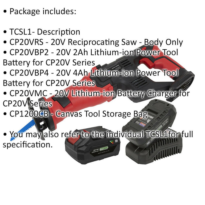 20 V Cordless Reciprocating Saw Kit - 2 Batteries - Battery Charger - Canvas Bag Loops