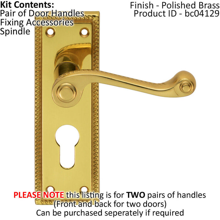 2x PAIR Reeded Design Scroll Lever on Euro Lock Backplate 150 x 48mm Brass Loops