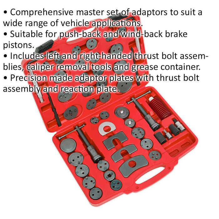50 Piece Brake Piston Tool Kit - Push & Wind Back Brake Pistons - Storage Case Loops