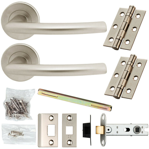 Door Handle & Latch Pack Satin Chrome Oval Curved Lever Screwless Round Rose Loops