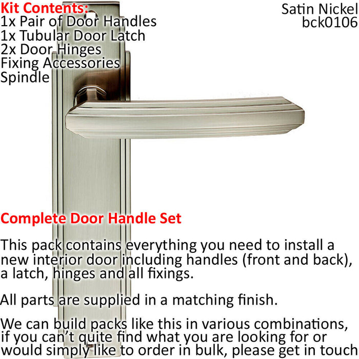 Door Handle & Latch Pack Satin Nickel Art Deco Premium Lever Slim Backplate Loops
