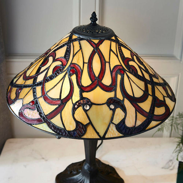 Tiffany Glass Table Lamp Light Vintage Dark Bronze & Red / Cream Shade i00227 Loops