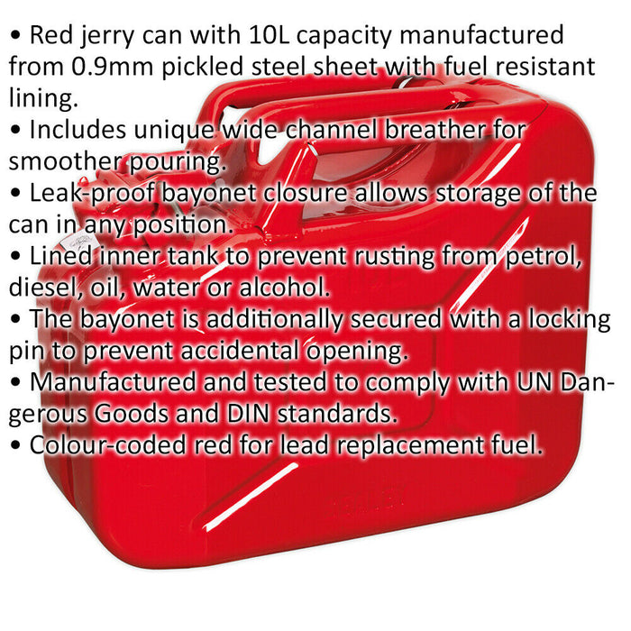 10 Litre Jerry Can - Leak-Proof Bayonet Closure - Fuel Resistant Lining - Red Loops