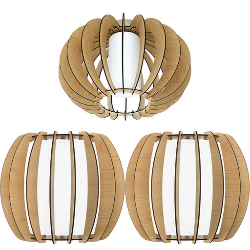 Low Ceiling Light & 2x Matching Wall Lights Wood Cage & White Glass Shade Lamp Loops
