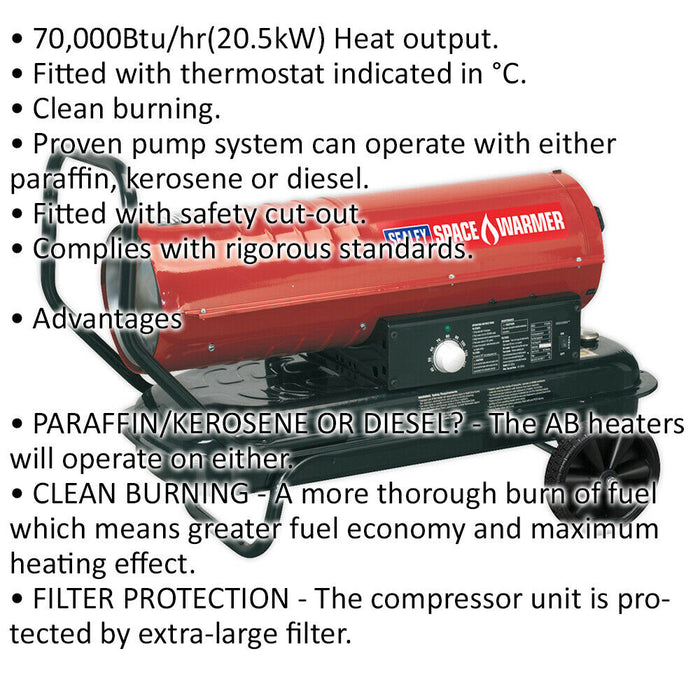 Wheeled Industrial Space Warmer - Paraffin / Kerosene / Diesel - 70000 Btu/hr Loops