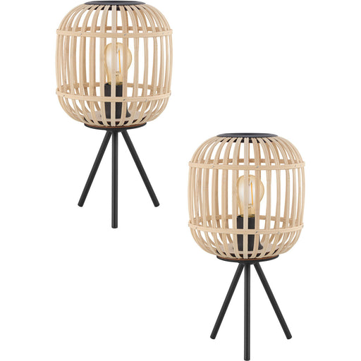 2 PACK Table Lamp Desk Light Black Tripod & Round Wood Cage Shade 1x 28W E27 Loops
