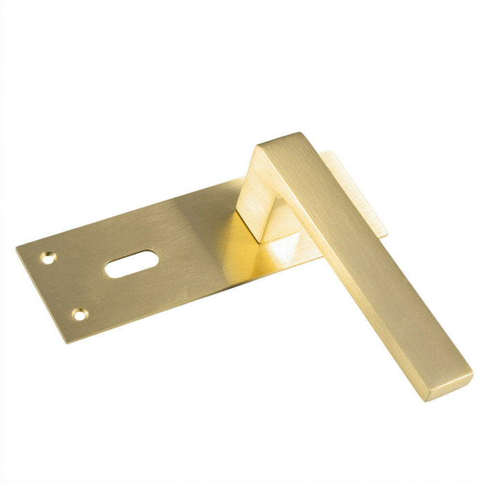 2x PAIR Straight Square Handle on Slim Lock Backplate 150 x 50mm Satin Brass Loops