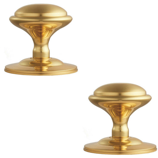 2x Round Victorian Centre Door Knob Polished Brass 85mm Rose Outdoor Handle Loops