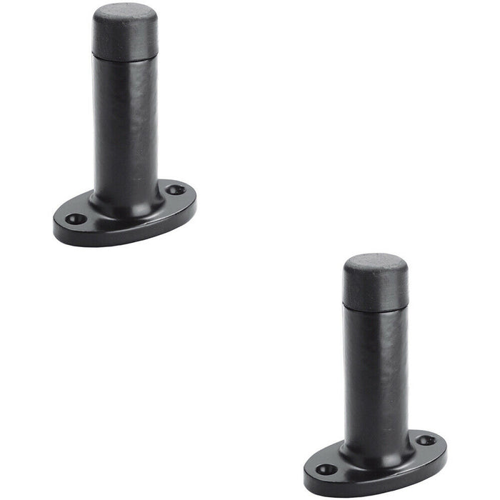 2x Wall Mounted Doorstop Cylinder on Oval Rose Rubber Tip 75mm Black Antique Loops