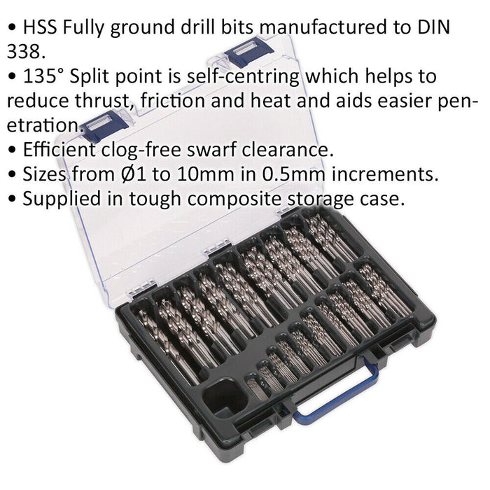 170 Piece Fully Ground HSS Drill Bit Assortment - 1mm to 10mm - Split Point Tips Loops