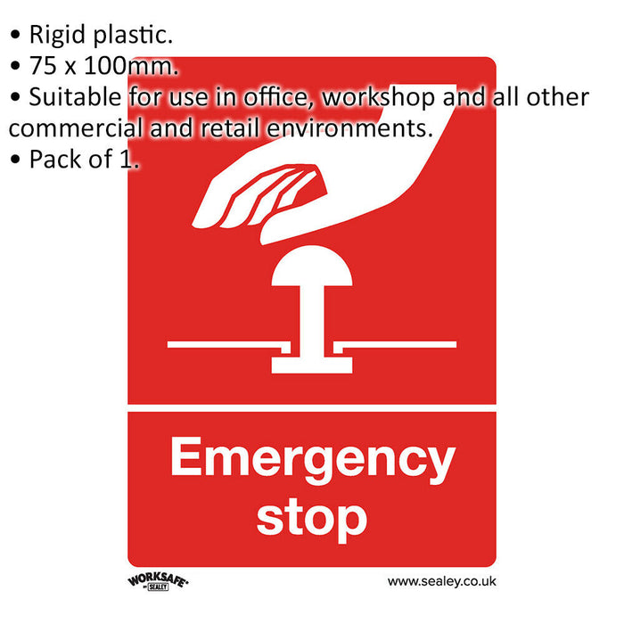 1x EMERGENCY STOP Health & Safety Sign - Rigid Plastic 75 x 100mm Warning Plate Loops