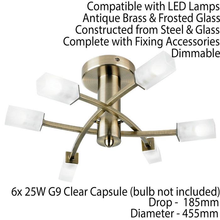 Semi Flush Ceiling Light Brass & Glass 6 Bulb Square Shade Dimmable Pendant Loops