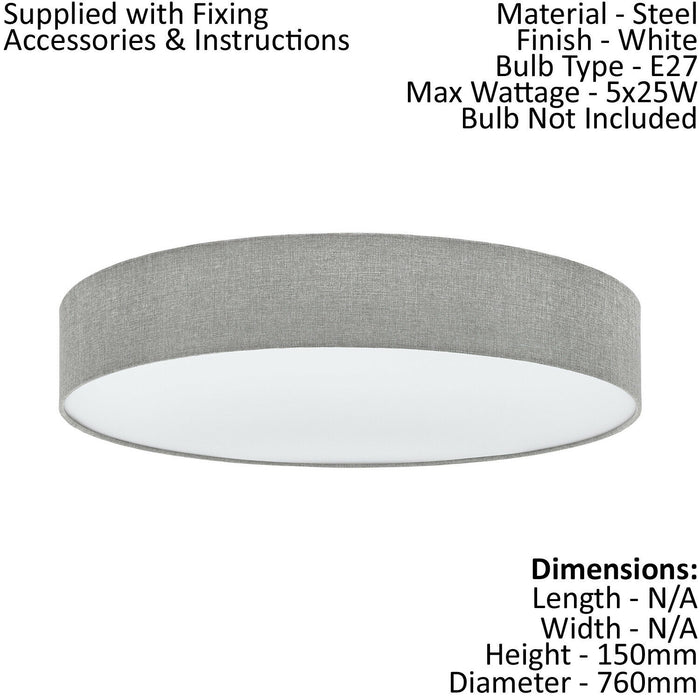 Flush Ceiling Light Colour White Shade Grey White Fabric Linen Bulb E27 5x25W Loops