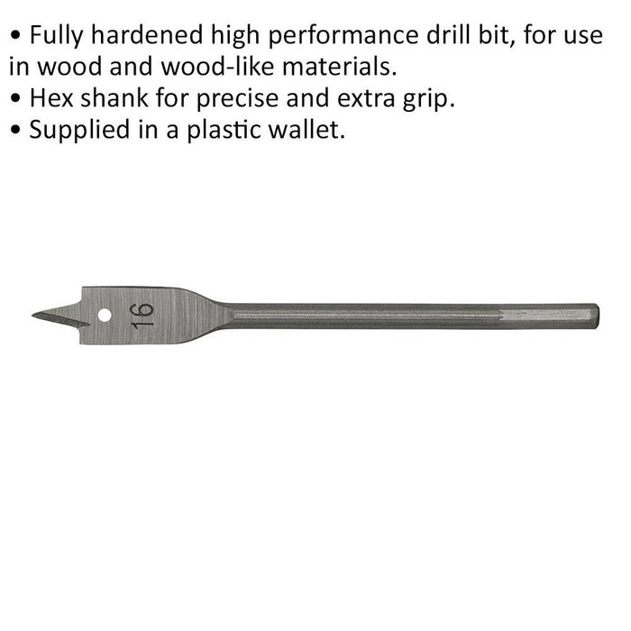 16 x 152mm Fully Hardened Wood Drill Bit - Hex Shank - High Performance Woodwork Loops